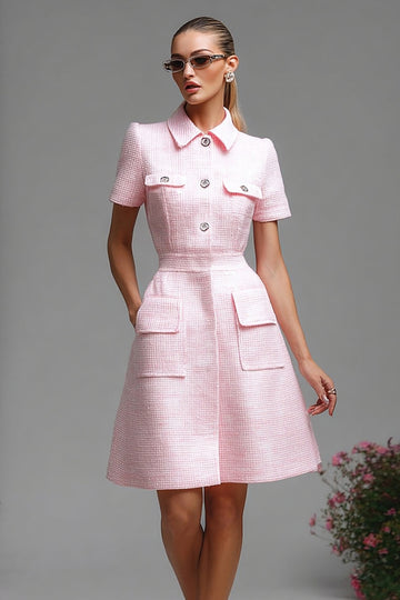 Pink A Line Lapel Neck Midi Work Dress